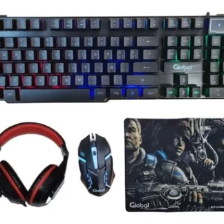 Teclado, Mouse, Auricular y Mouse Pad KIT GAMER - Teclado con luces led con 3 colores de luz y Mouse 4D 2400dpi configurables con 7 colores de luz con cable USB - Global Electronics
