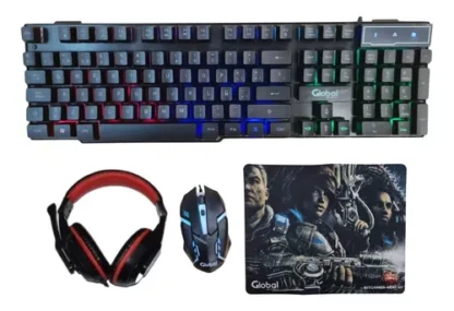 Teclado, Mouse, Auricular y Mouse Pad KIT GAMER - Teclado con luces led con 3 colores de luz y Mouse 4D 2400dpi configurables con 7 colores de luz con cable USB - Global Electronics