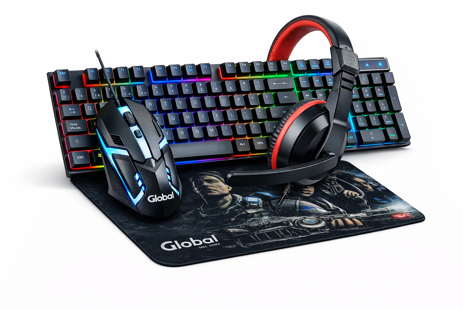 Teclado, Mouse, Auricular y Mouse Pad KIT GAMER - Teclado con luces led con 3 colores de luz y Mouse 4D 2400dpi configurables con 7 colores de luz con cable USB - Global Electronics