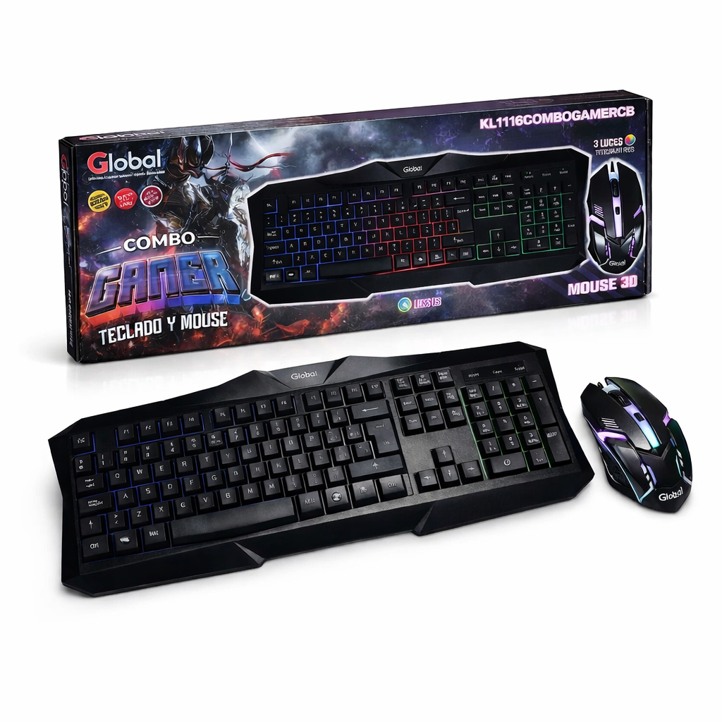 Teclado y Mouse GAMER Combo con luces led Teclado con 3 colores de luz y Mouse 3D 800dpi con 7 colores de luz con cable USB - Global Electronics