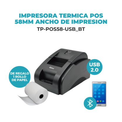 Impresora Térmica POS 58mm ancho de impresión - USB 2.0 + Bluetooth + RJ11 - 203dpi - 100mm/s - Imagen 3