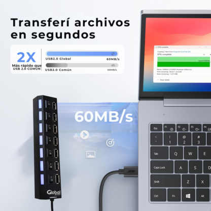 Hub Usb Cargador de 7 Puertos Usb 2.0 Con Switch De Encendido - Imagen 4