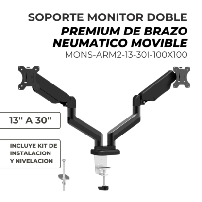 Soporte Monitor Doble de Brazo Neumático Movil de 13¨ a 30¨ VESA 75x75 100x100 hasta 10kg - Imagen 2