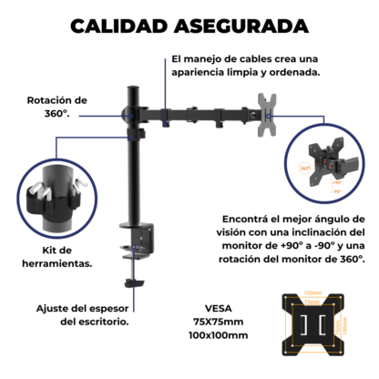Soporte Monitor Simple de Brazo Movible de 10¨ a 27¨ VESA 50x50 75x75 100x100 hasta 10kg - Imagen 3