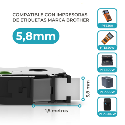 Cinta Rotuladora Termocontraible Compatible Brother HSE-211 Negro sobre Blanco de 5.8 mm x 1.5 mts. - Imagen 2