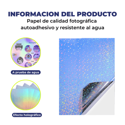 Papel Holográfico Autoadhesivo Base Agua Fantasía Resistente al Agua en resma de 100 hojas A4 (210 x 297 mm.) de 180 Grs. - Imagen 4