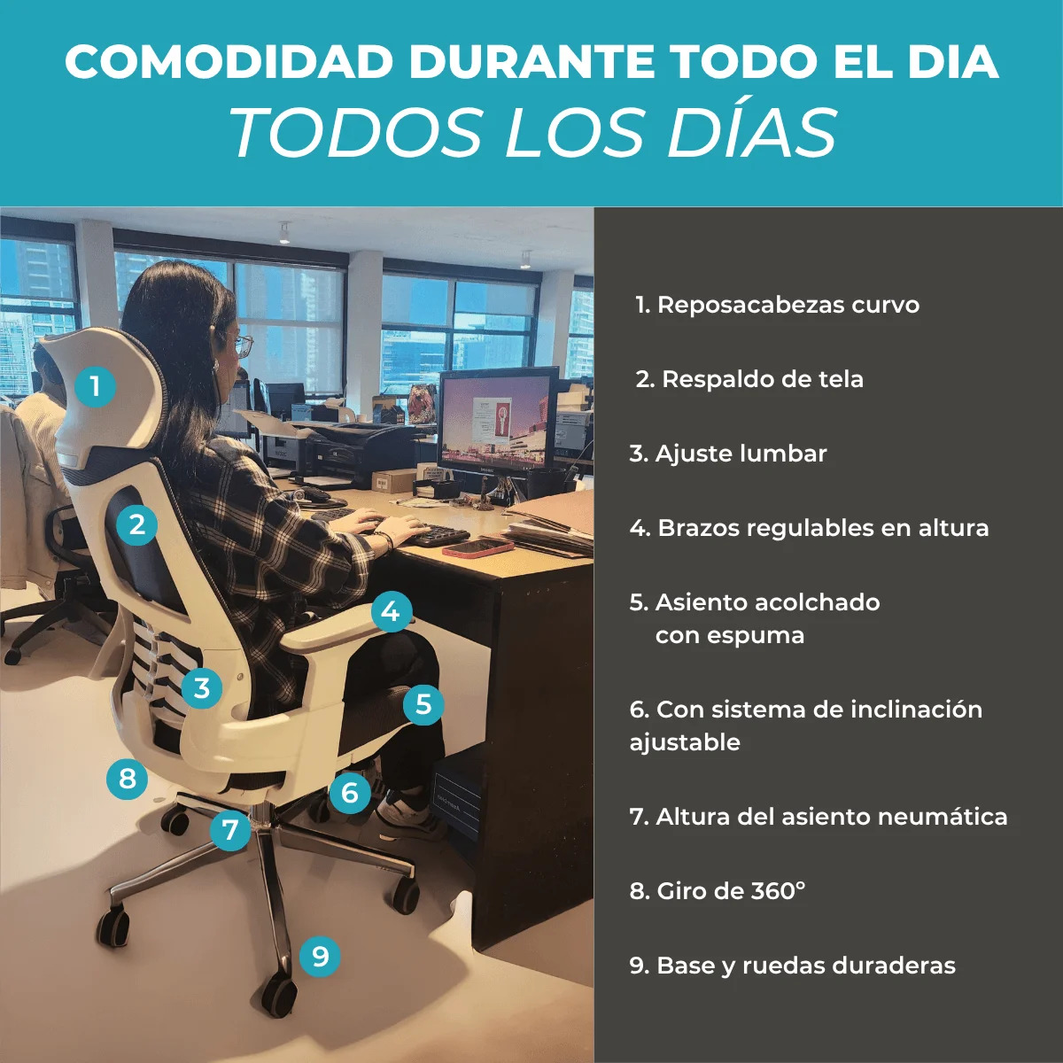 Silla De Escritorio Ergonómica Gris Con Tapizado Mesh - Imagen 6