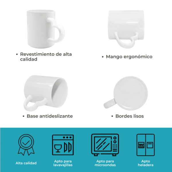Taza Sublimable de Ceramica Recta con Asa Corazon Blanca Glossy de 11oz 325cm3 - Imagen 4