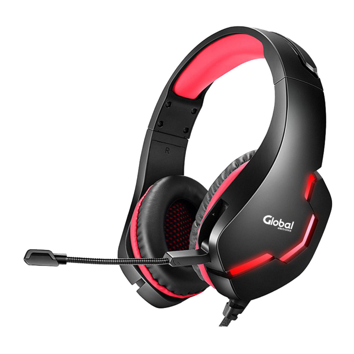 Auricular Gamer con Microfono y Luces Stereo con cable Jack 3.5 / USB y Adaptador 2 a 1 Incluido Color Negro/Rojo - Global Electronics (Caja x 30)