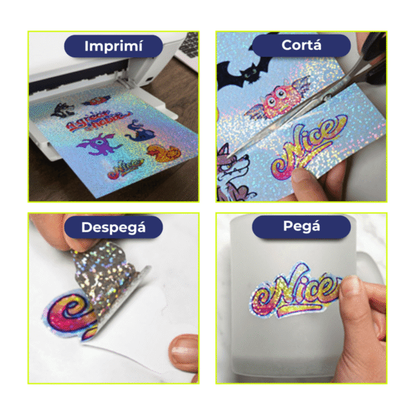 Papel Holográfico Autoadhesivo Base Agua Fantasía Resistente al Agua en resma de 100 hojas A4 (210 x 297 mm.) de 180 Grs. - Imagen 8