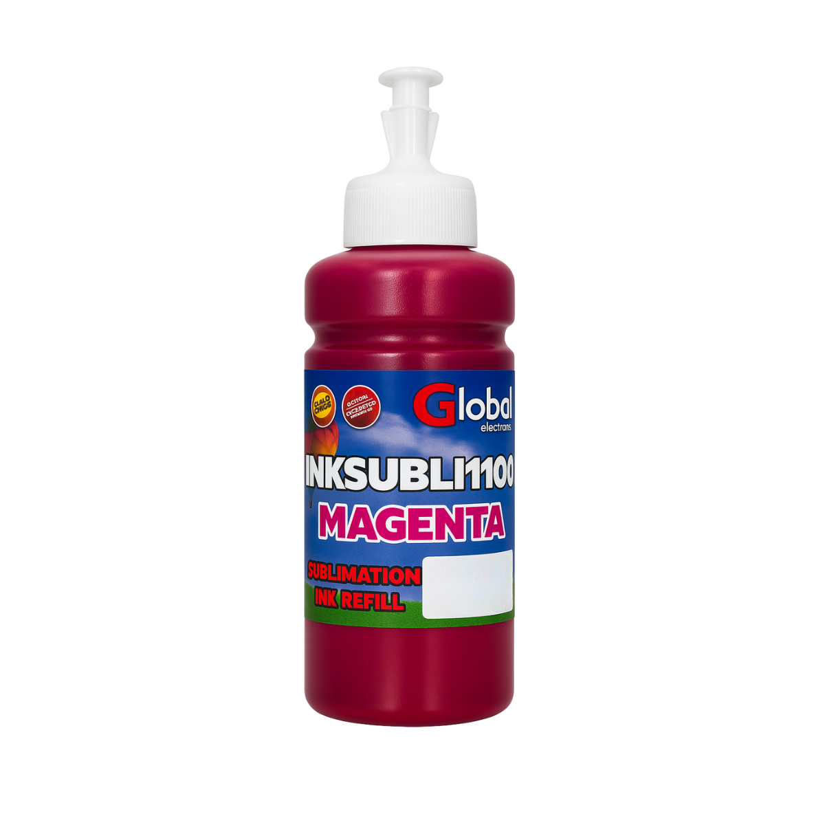Tinta Premium Sublimación Tipo Original Magenta en botella dosificadora y caja color de 100 cm3 - Global Electronics (Caja x 72)