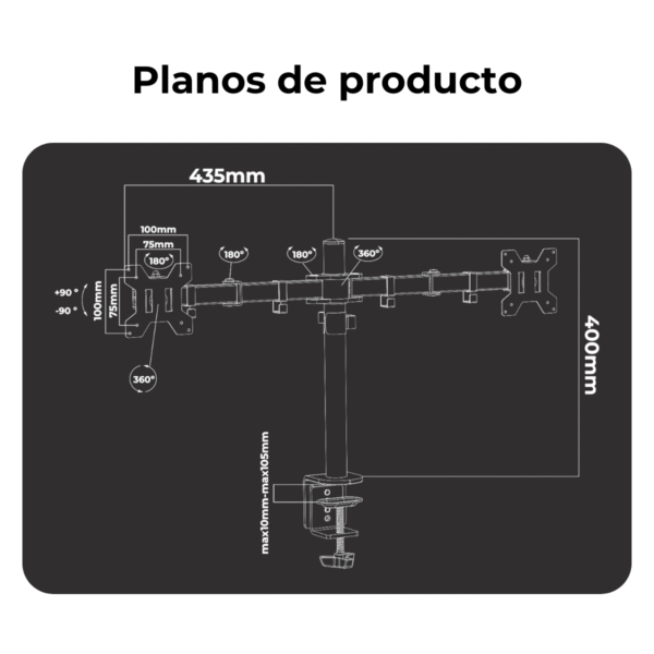 Soporte Monitor Doble de Brazo Movil de 10¨ a 27¨ VESA 50x50 75x75 100x100 hasta 10kg. - Imagen 11