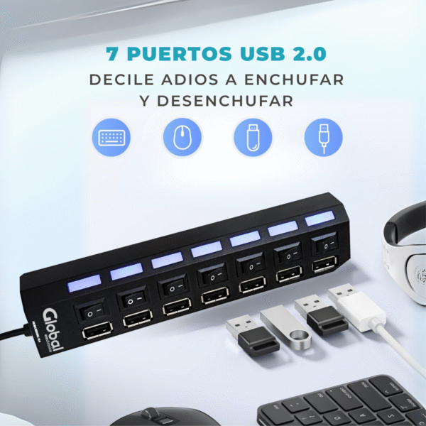 Hub Usb Cargador de 7 Puertos Usb 2.0 Con Switch De Encendido - Imagen 3
