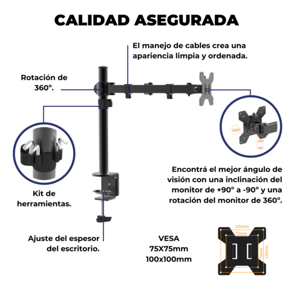 Soporte Monitor Simple de Brazo Movible de 10¨ a 27¨ VESA 50x50 75x75 100x100 hasta 10kg - Imagen 3