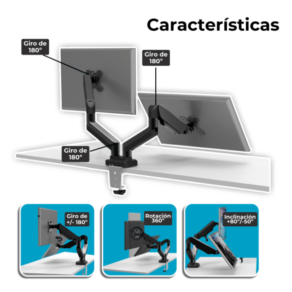 Soporte Monitor Doble de Brazo Neumático Movil de 13¨ a 30¨ VESA 75x75 100x100 hasta 10kg - Imagen 4