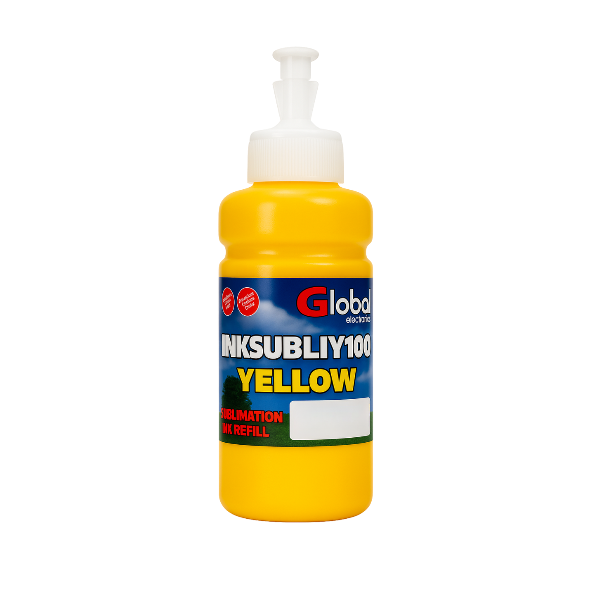Tinta Premium Sublimación Tipo Original Yellow en botella dosificadora y caja color de 100 cm3 - Global Electronics (Caja x 72)