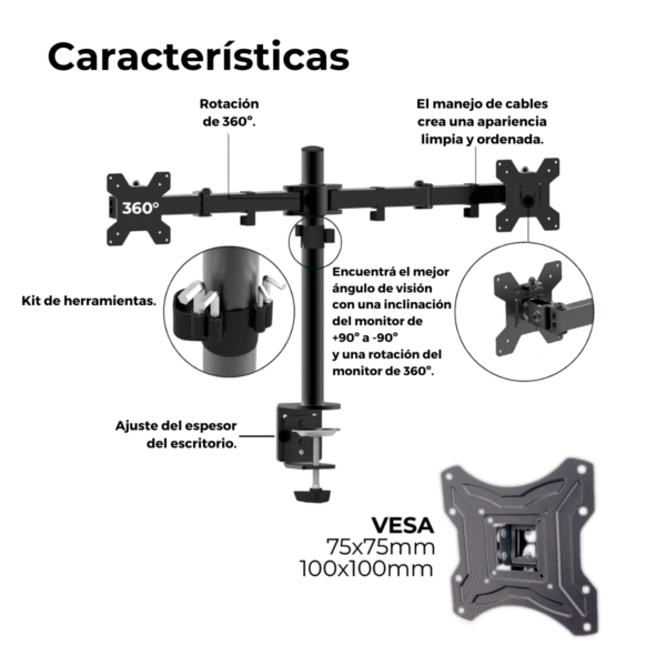 Soporte Monitor Doble de Brazo Movil de 10¨ a 27¨ VESA 50x50 75x75 100x100 hasta 10kg. - Imagen 3