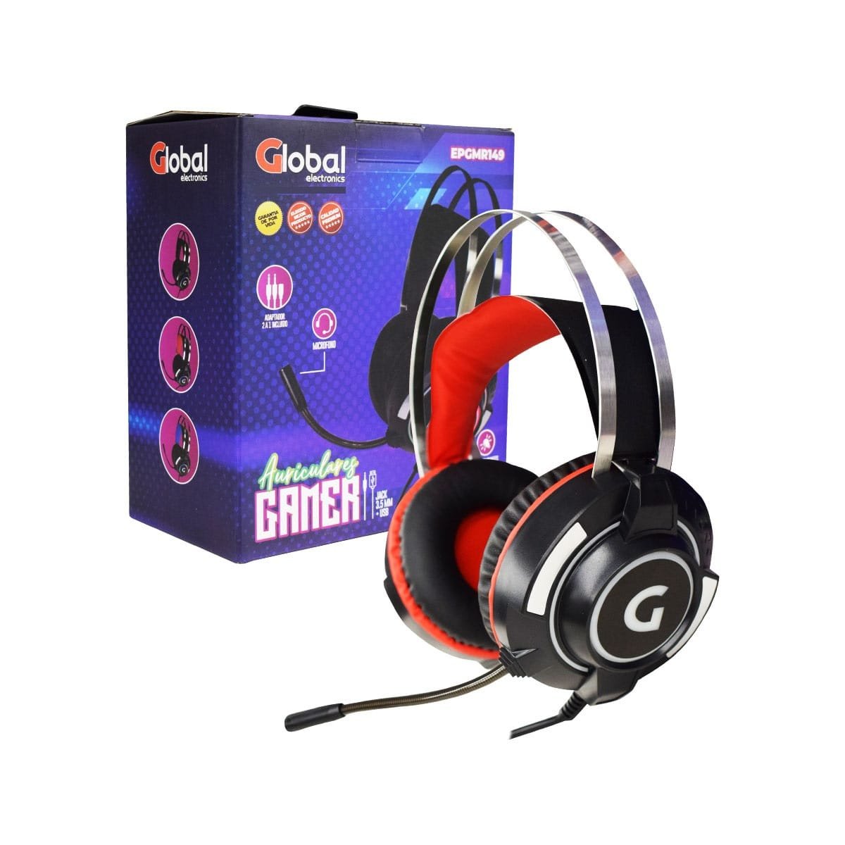 Auricular Gamer con Microfono y Luces Stereo con cable Jack 3.5 / USB y Adaptador 2 a 1 Incluido EPGMR149, Global Electronics