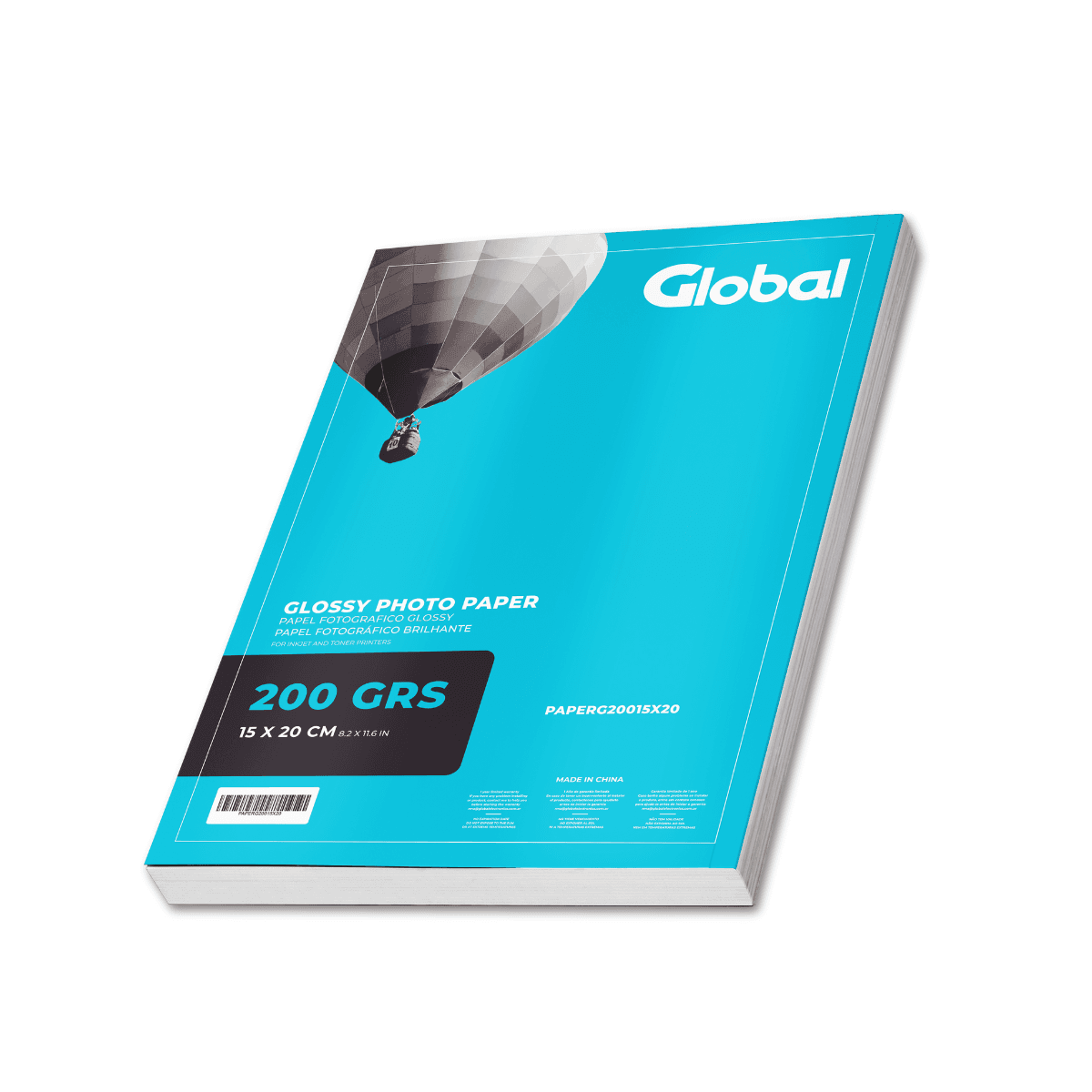 Papel Glossy en resma de 20 hojas de tamaño fotografía A5 (150 x 200 mm.) de 200 Grs. - Global Electronics (Caja x 100) - Codigo Despacho 24-033-ZFE1-007095-L