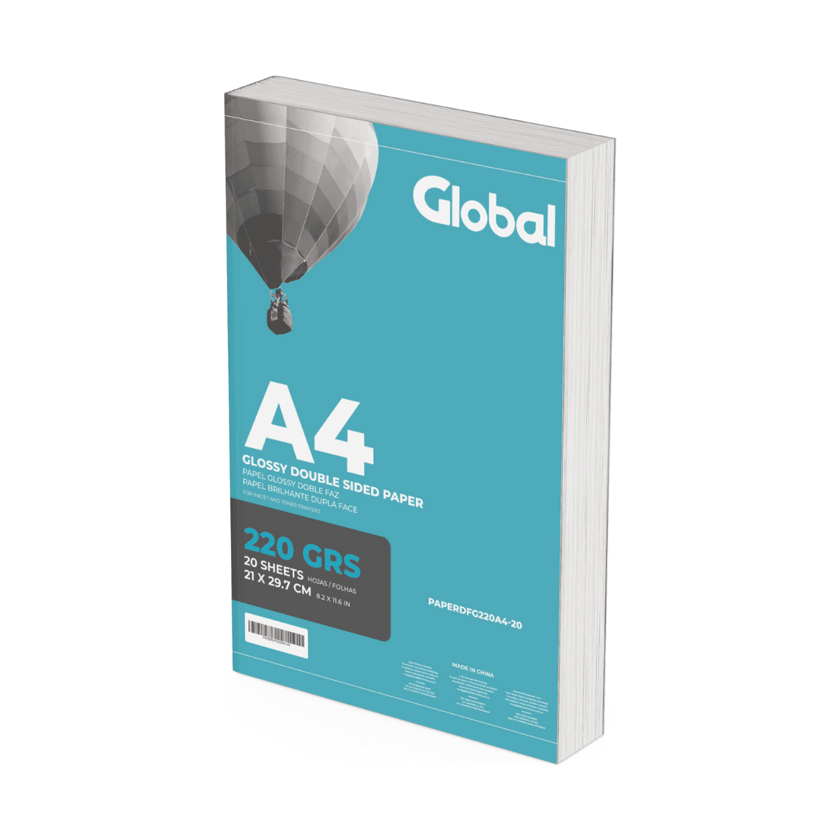 Papel Glossy Doble Faz en resma de 20 hojas A4 (210 x 297 mm.) de 220 Grs. - Global Electronics ( Caja x 50)