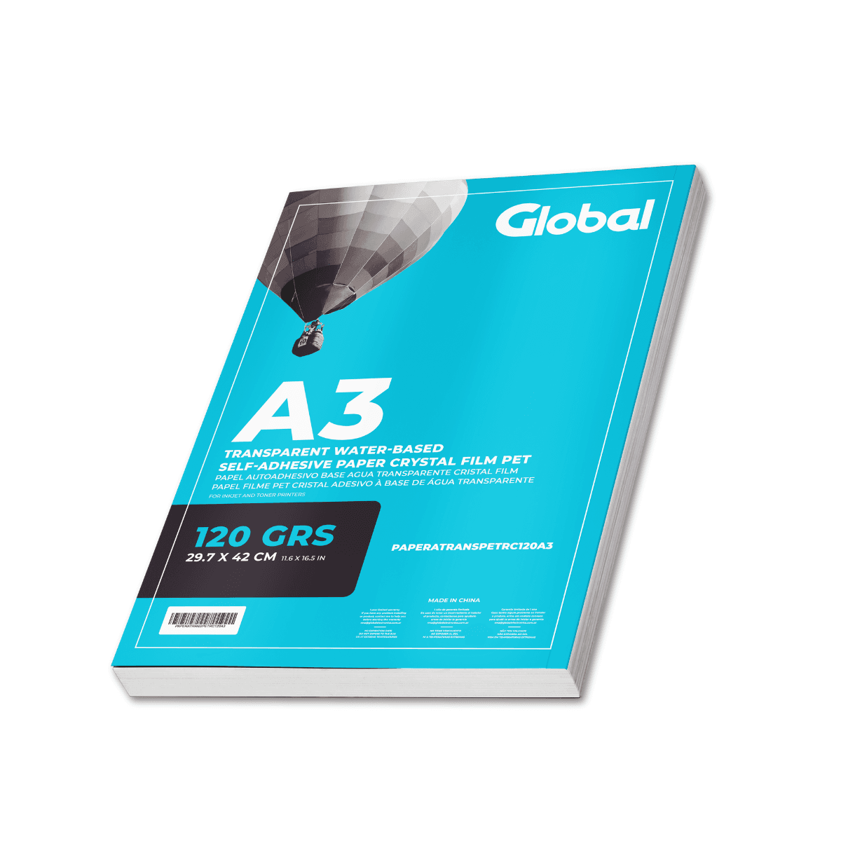 Papel Autoadhesivo Base Agua Transparente PET RC Microporoso Resistente al Agua en resma de 10 hojas A3 (420 x 297 mm.) de 120 Grs. - Global Electronics (Caja x 100) 