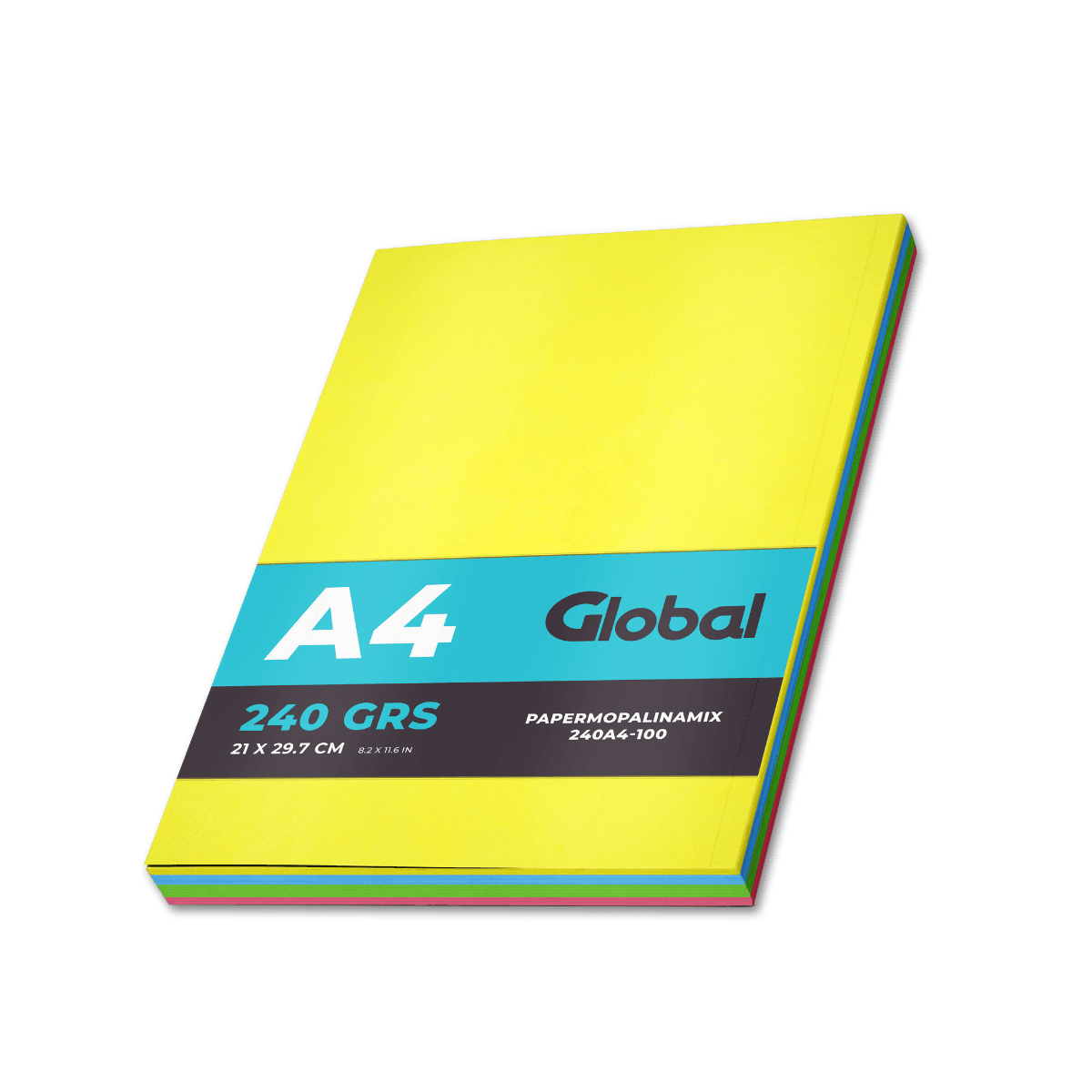 Papel Mate Opalina 4 Colores (Amarillo, Cyan, Verde, Rosa) en resma de 100 hojas A4 (210 x 297 mm.) de 240 Grs. - Global Electronics