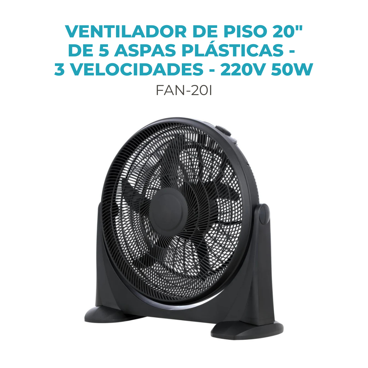 Ventilador de Piso 20" de 5 Aspas Plásticas - 3 Velocidades - 220V 50W - Imagen 3