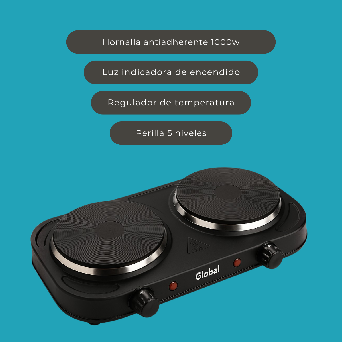 Anafe Eléctrico de Metal 2 Hornallas Potencia 1000+1000W - Imagen 3