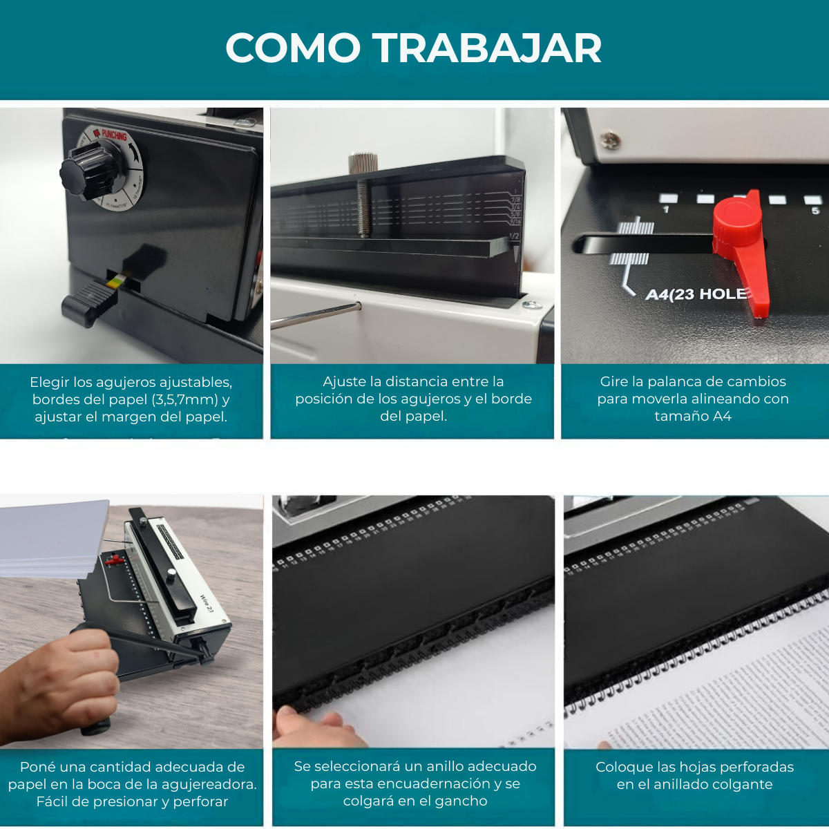 Espiraladora Anilladora Encuadernadora Doble Alambre 2:1 Manual A4 Perfora 15 hojas de 80grs - Imagen 3