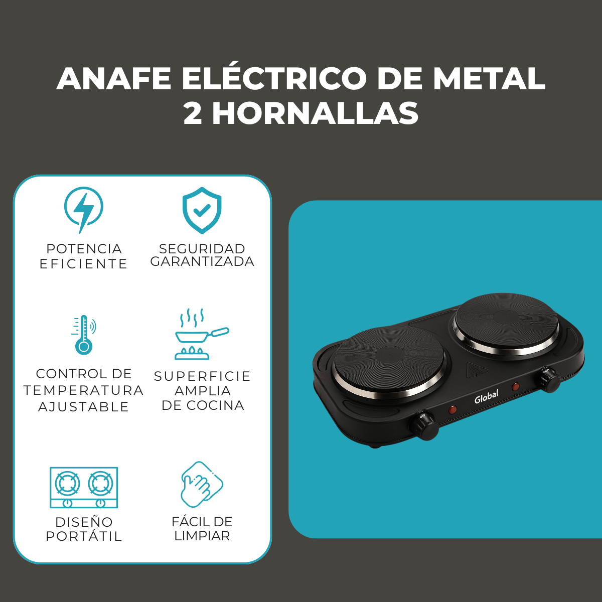 Anafe Eléctrico de Metal 2 Hornallas Potencia 1000+1000W - Imagen 7