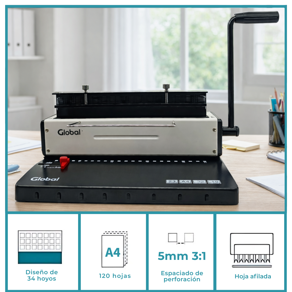 Espiraladora Anilladora Encuadernadora Doble Alambre 2:1 Manual A4 Perfora 15 hojas de 80grs - Imagen 7
