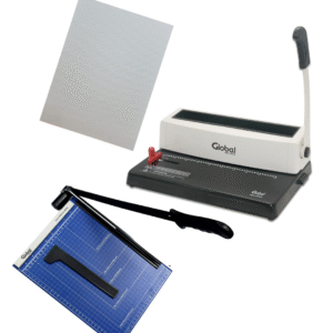 Combo Espiraladora Anilladora A4 + Guillotina A4 + 50 Tapas para encuadernar (Color plateado)