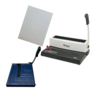 Combo Espiraladora Anilladora A4 + Guillotina A4 + 50 Tapas para encuadernar (Color plateado)