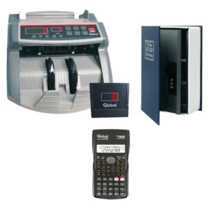 Kit Oficina Contadora de Billetes con Carga Superior y Doble Visor LED con Detección UV + Caja Fuerte Libro + Calculadora Cientifica