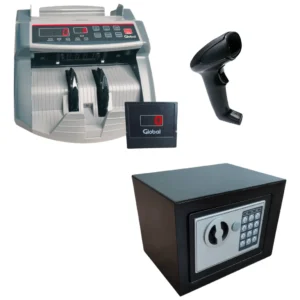 Kit Oficina Contadora de Billetes con Carga Superior y Doble Visor LED con Detección UV + Caja Fuerte + Pistola lectora de codigos
